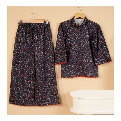 Basix Girl's Stars Scalloped Sleeves & Bottom With Laces Co-Ord Set, Cotton, Navy Red & White, GCOR-10