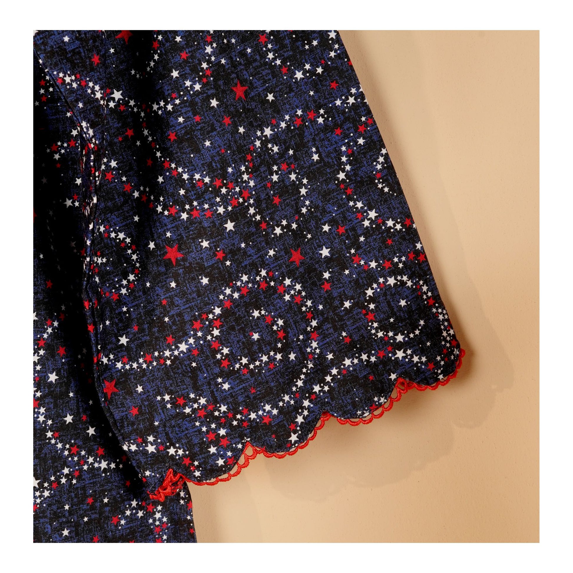 Basix Girl's Stars Scalloped Sleeves & Bottom With Laces Co-Ord Set, Cotton, Navy Red & White, GCOR-10