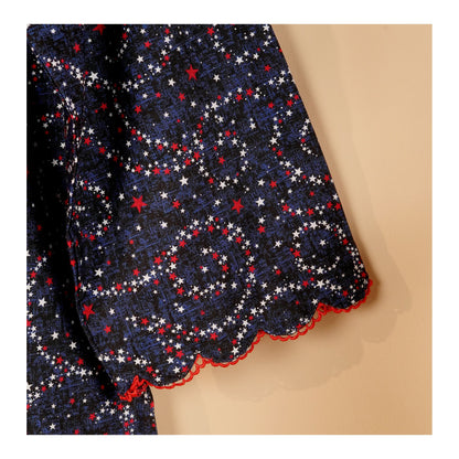 Basix Girl's Stars Scalloped Sleeves & Bottom With Laces Co-Ord Set, Cotton, Navy Red & White, GCOR-10