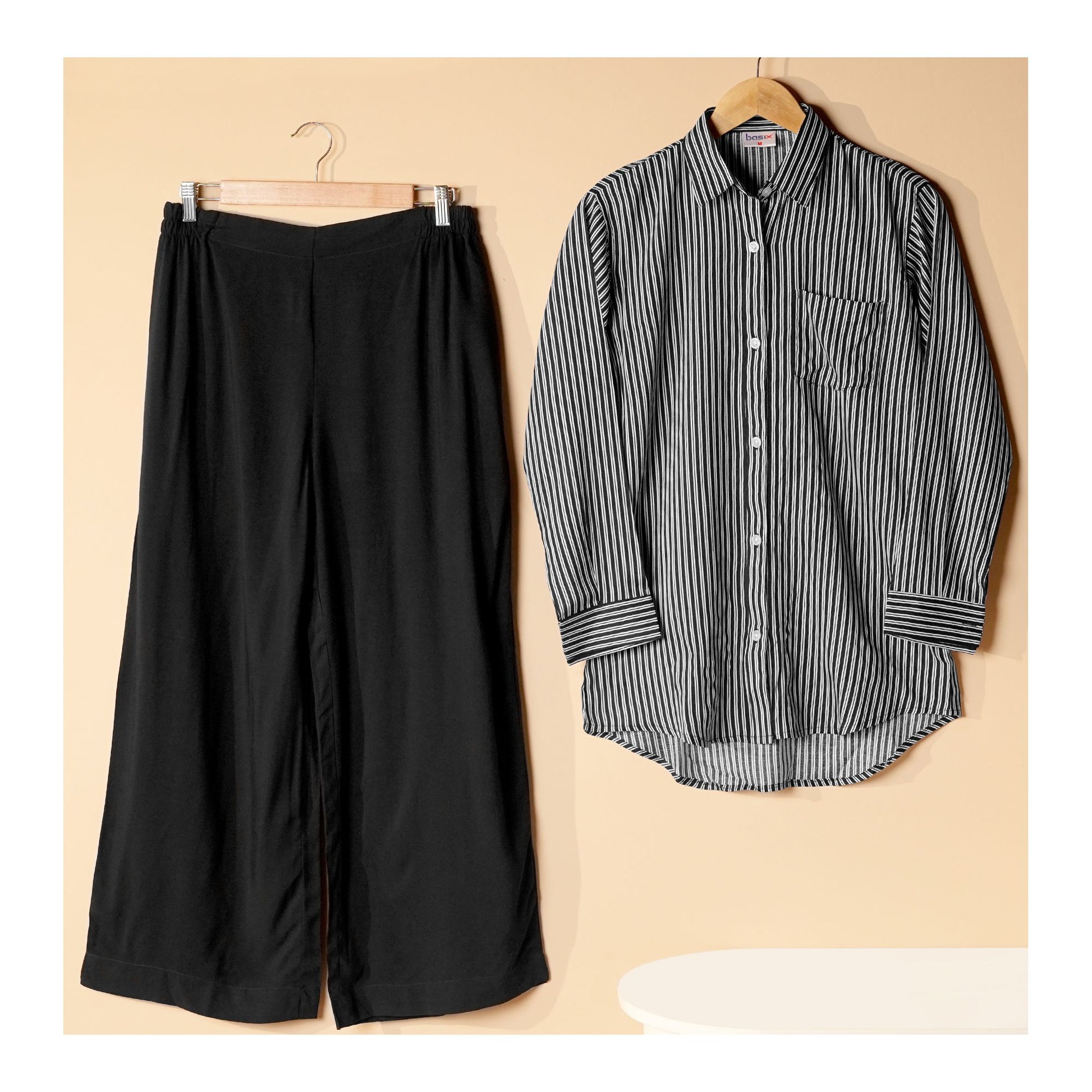 Basix Women's Black & White Striped Western Shirt With Plain Black Palazzo, LWD-101