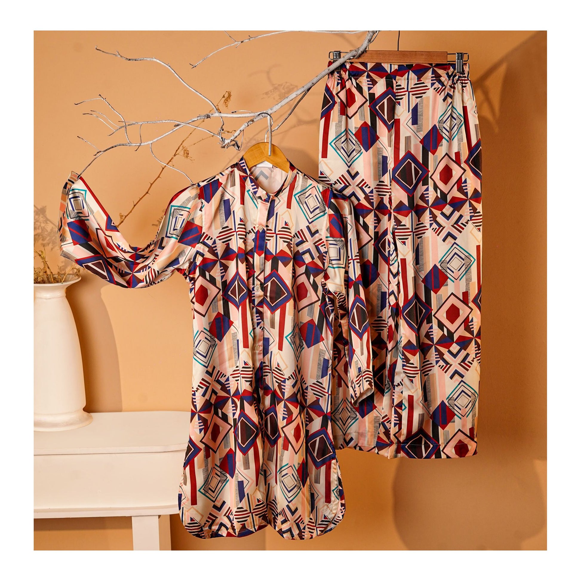 Basix Women's Geometric Pattern Digital Silk Relax Fit Fusion Co-Ord Set, Beige Blue & Maroon, CORD-116