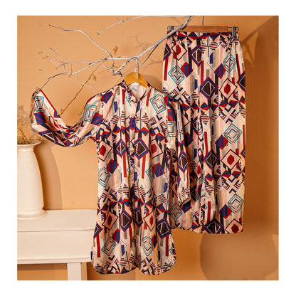 Basix Women's Geometric Pattern Digital Silk Relax Fit Fusion Co-Ord Set, Beige Blue & Maroon, CORD-116