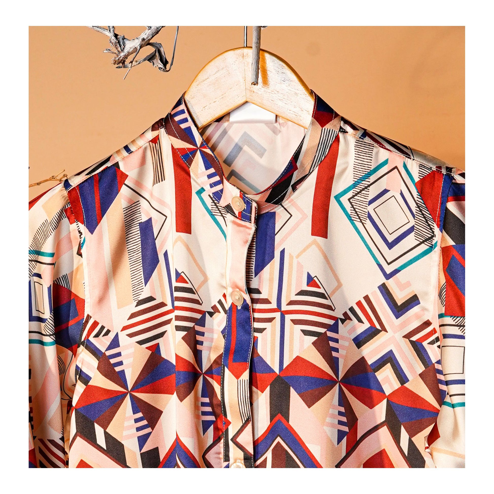Basix Women's Geometric Pattern Digital Silk Relax Fit Fusion Co-Ord Set, Beige Blue & Maroon, CORD-116