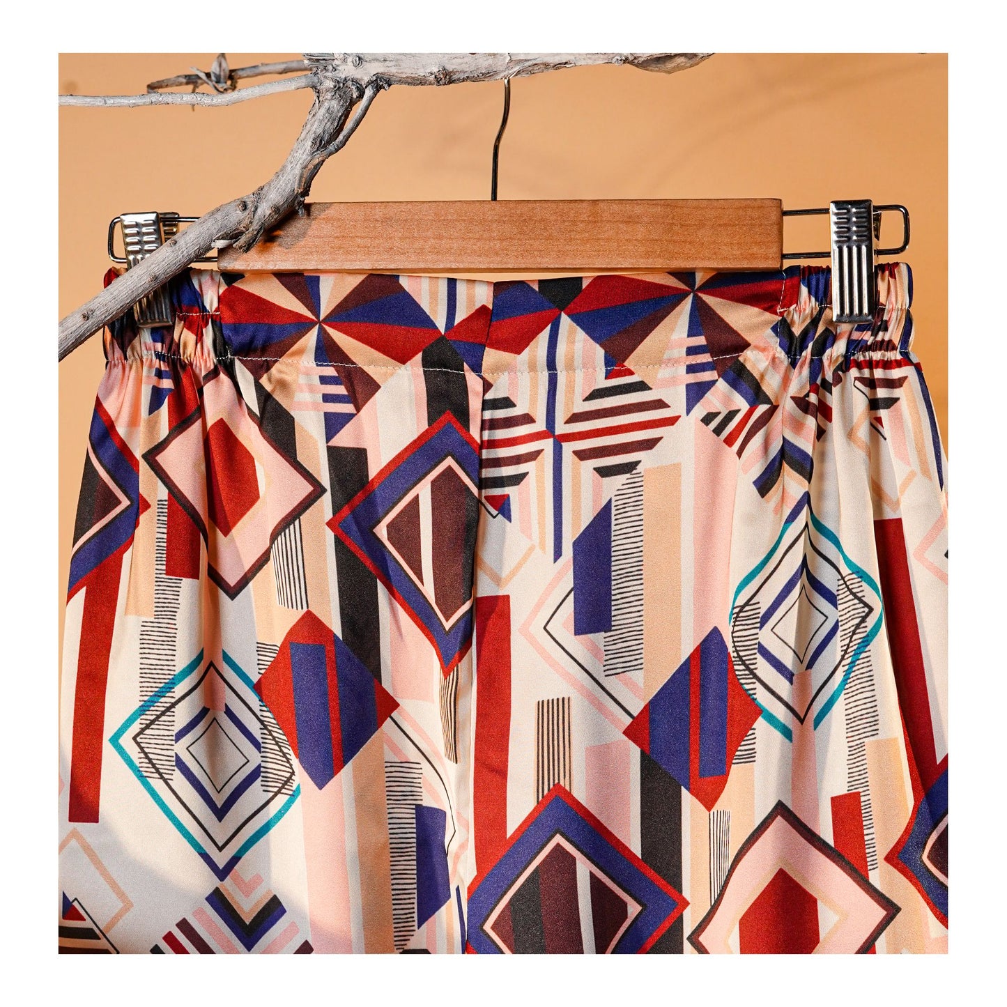 Basix Women's Geometric Pattern Digital Silk Relax Fit Fusion Co-Ord Set, Beige Blue & Maroon, CORD-116