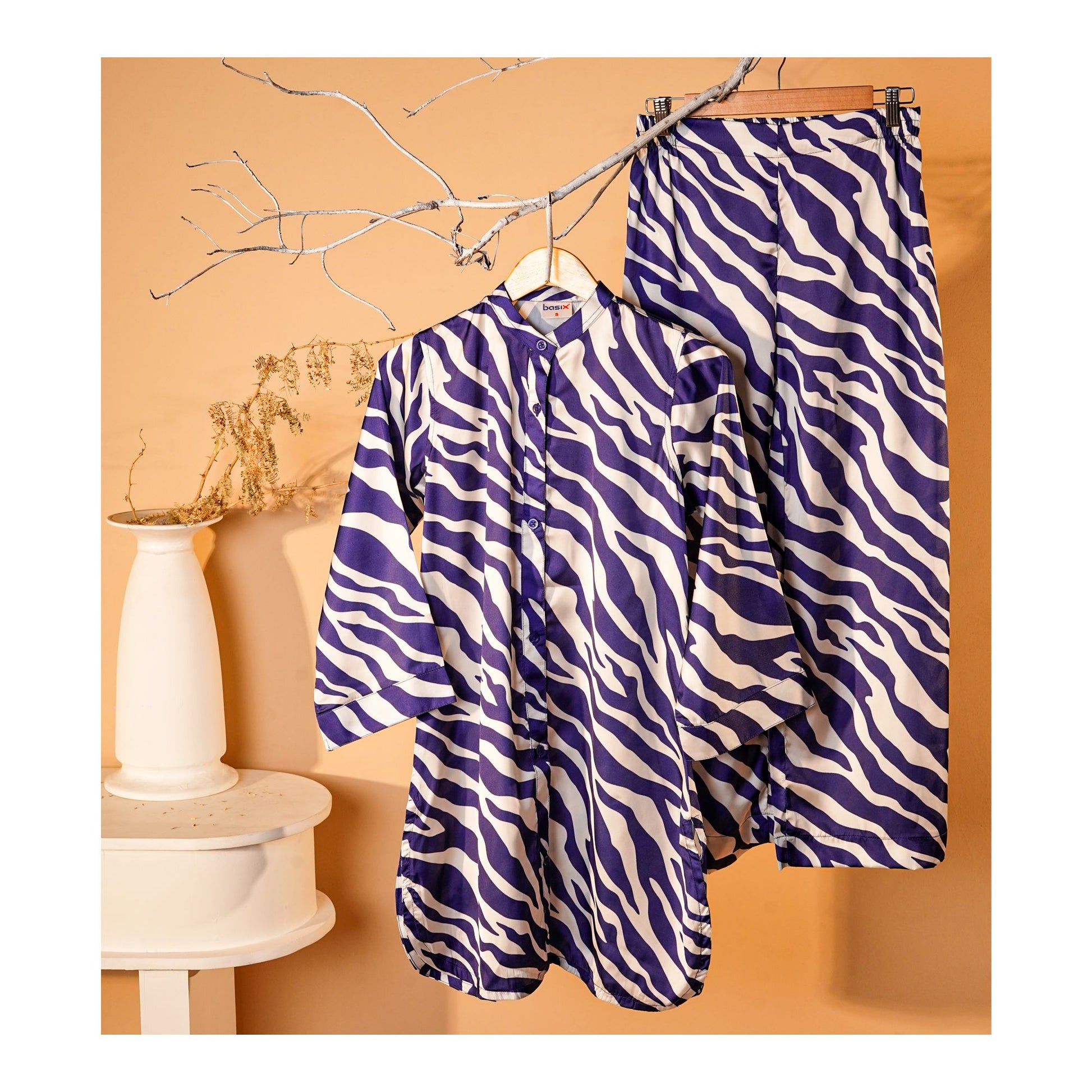 Basix Women's Abstract Pattern Digital Silk Relax Fit Fusion Co-Ord Set, Navy & White, CORD-117