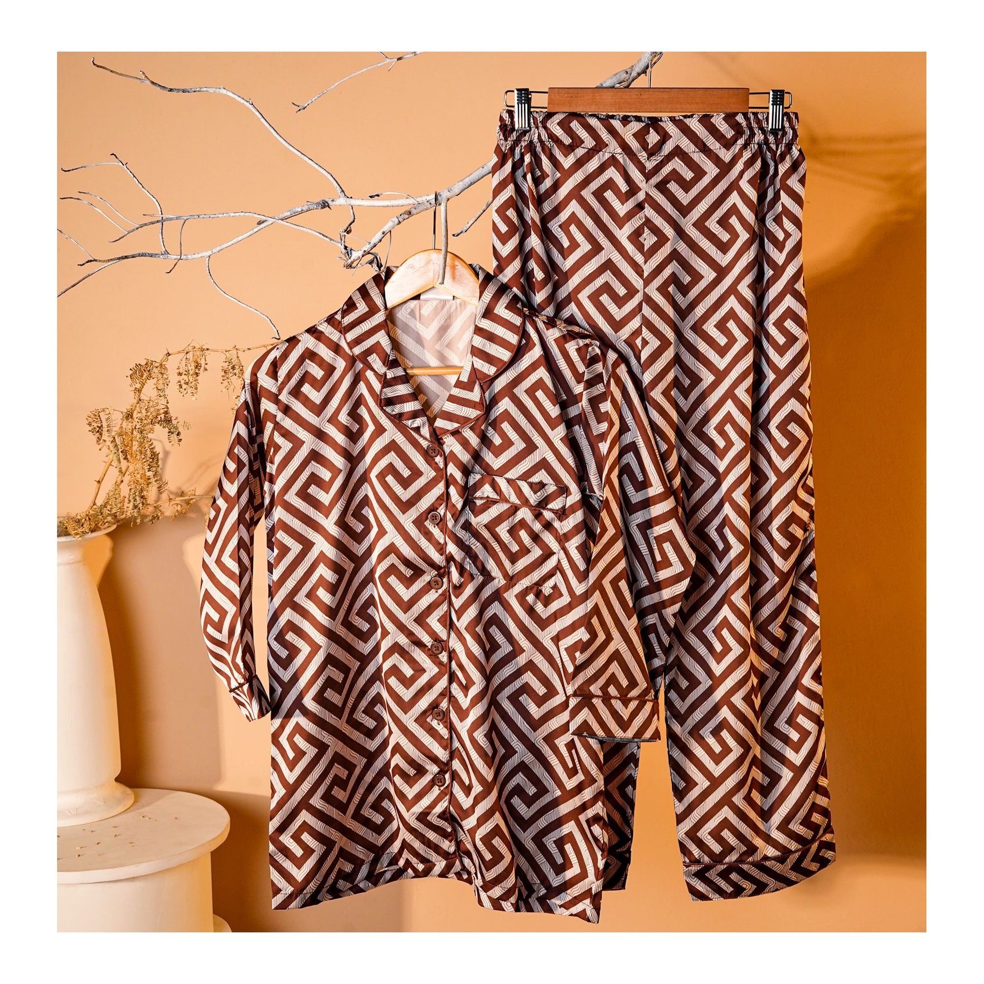Basix Women's Geometric Pattern Loungewear 2-Piece Set, Chocolate Brown & Ivory, LW-666