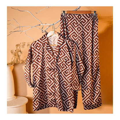 Basix Women's Geometric Pattern Loungewear 2-Piece Set, Chocolate Brown & Ivory, LW-666