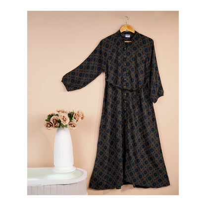 Basix Womens Black Turquoise Ring Pattern Long A-Line Frock With Belt, EW-107
