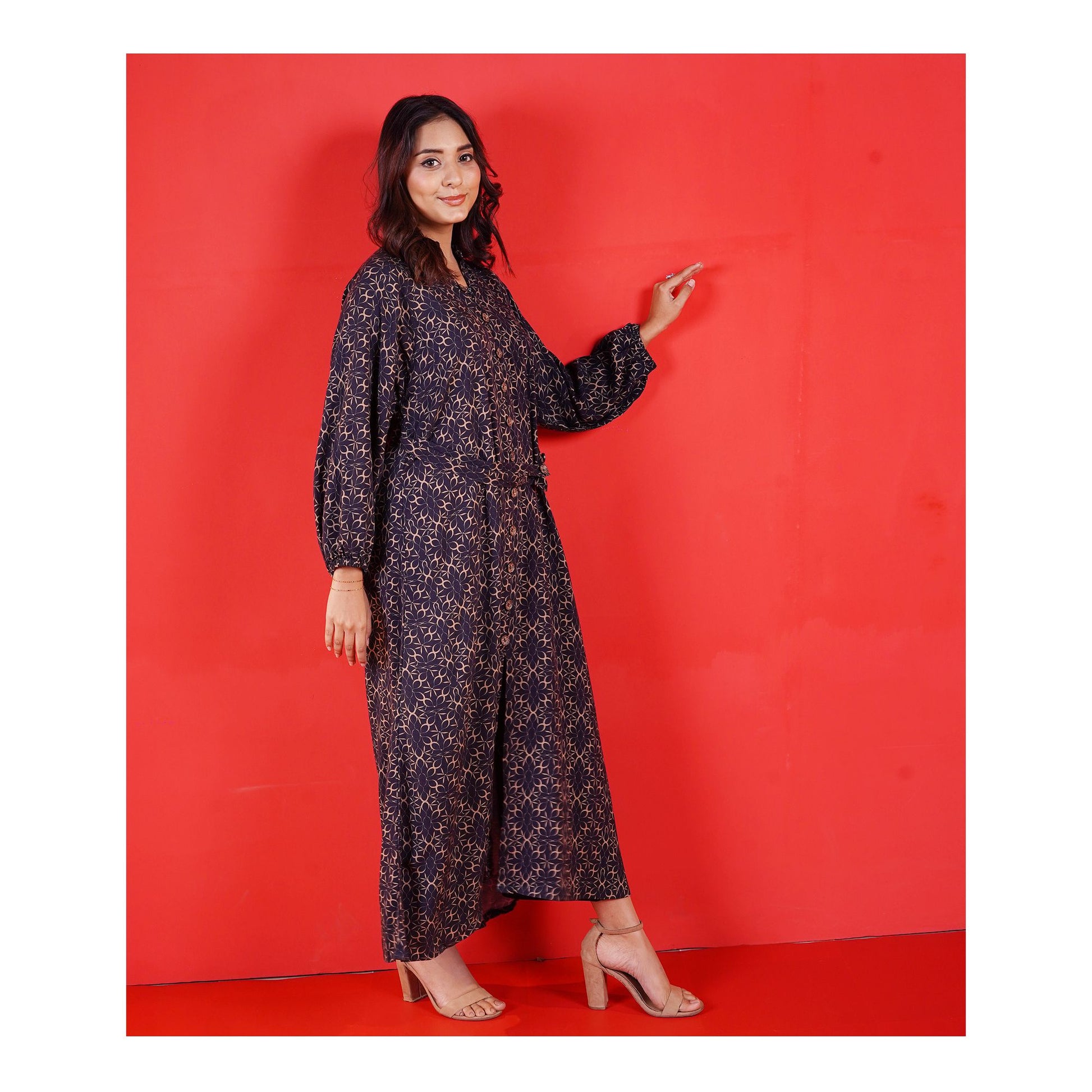 Basix Womens Mid-Night Blue & Gold Flora Long A-Line Frock With Belt, EW-106