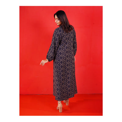 Basix Womens Mid-Night Blue & Gold Flora Long A-Line Frock With Belt, EW-106