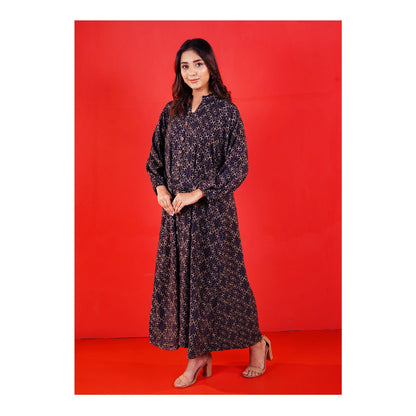 Basix Womens Mid-Night Blue & Gold Flora Long A-Line Frock With Belt, EW-106