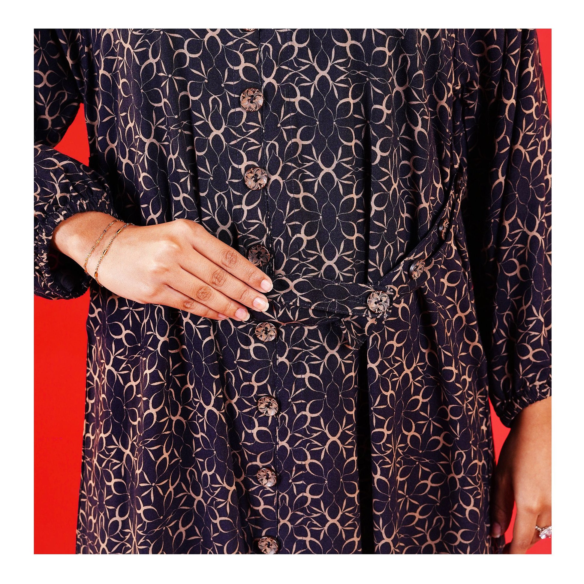 Basix Womens Mid-Night Blue & Gold Flora Long A-Line Frock With Belt, EW-106