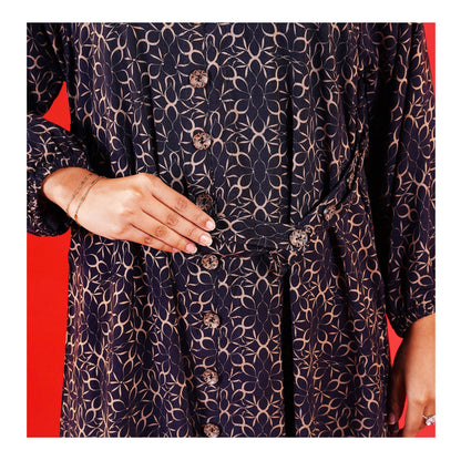 Basix Womens Mid-Night Blue & Gold Flora Long A-Line Frock With Belt, EW-106
