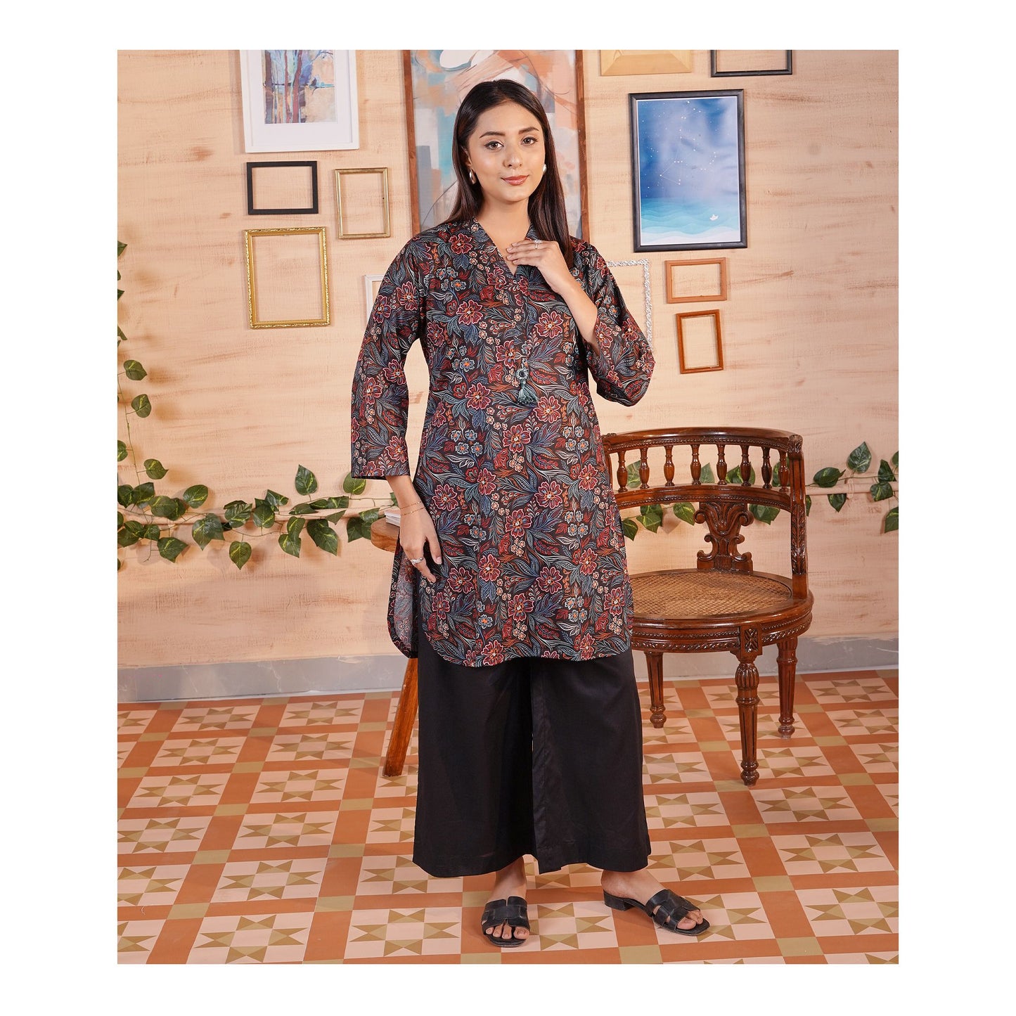 Basix Cambric Cotton Shirt With Black Palazzo Trouser, Black & Green, EW-108