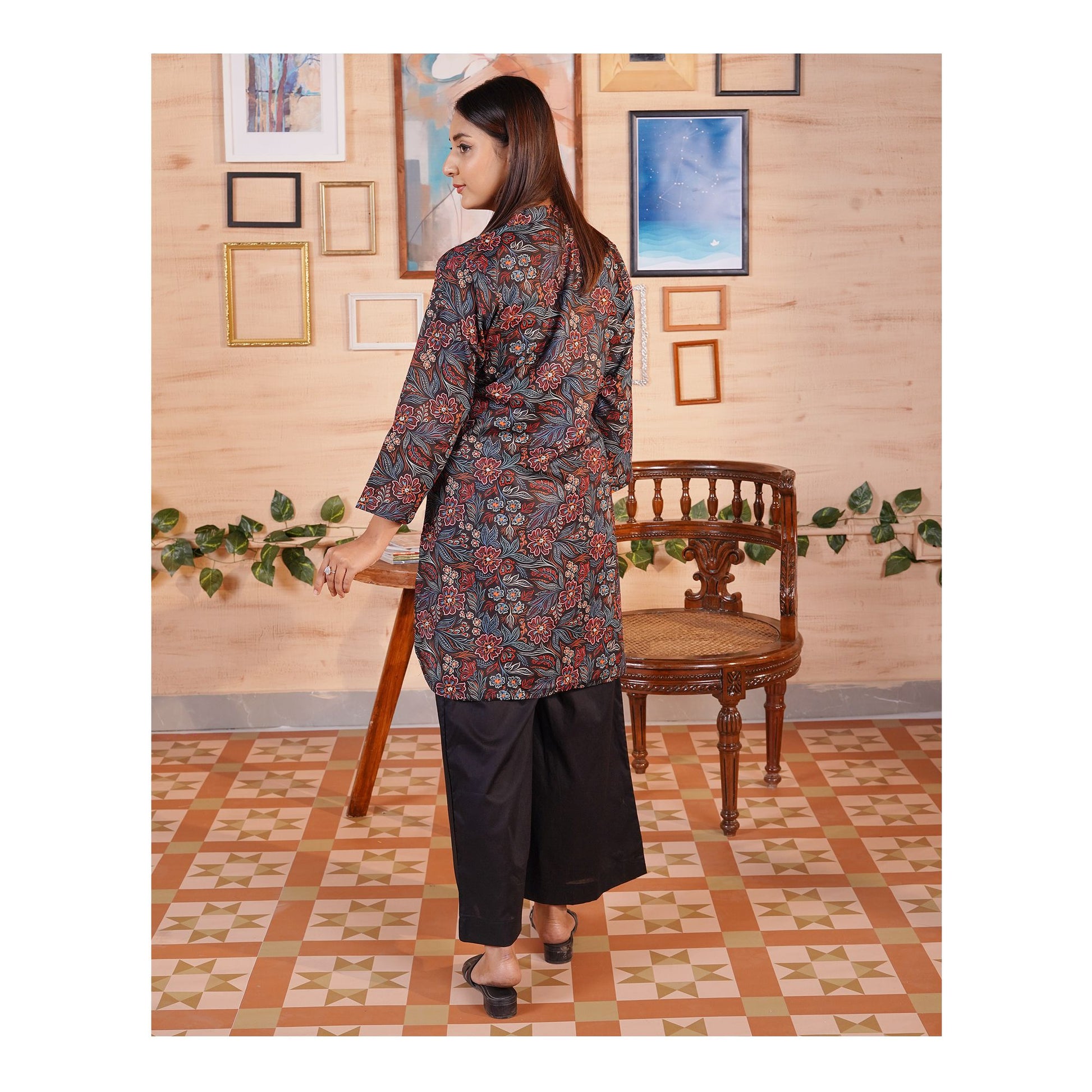 Basix Cambric Cotton Shirt With Black Palazzo Trouser, Black & Green, EW-108