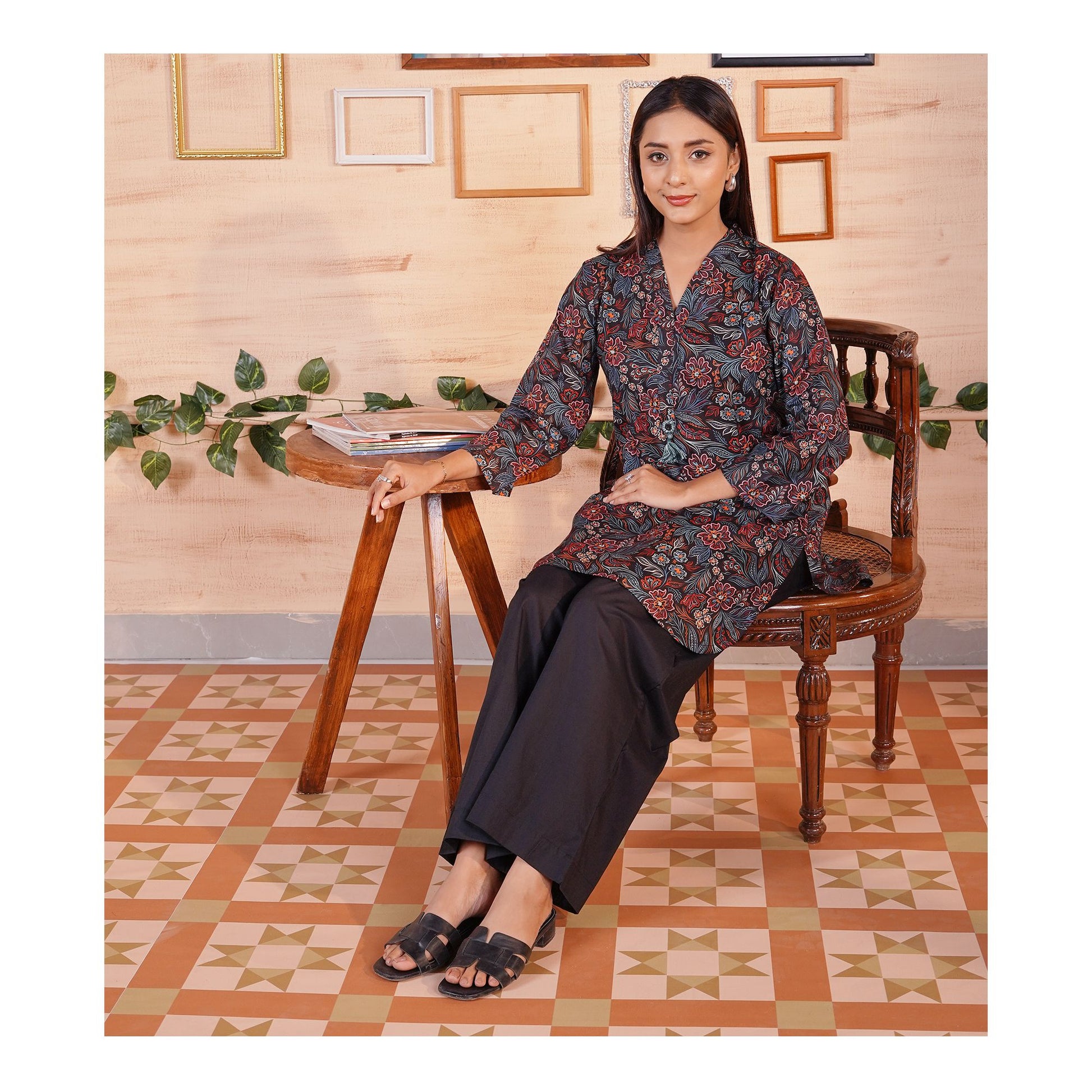 Basix Cambric Cotton Shirt With Black Palazzo Trouser, Black & Green, EW-108