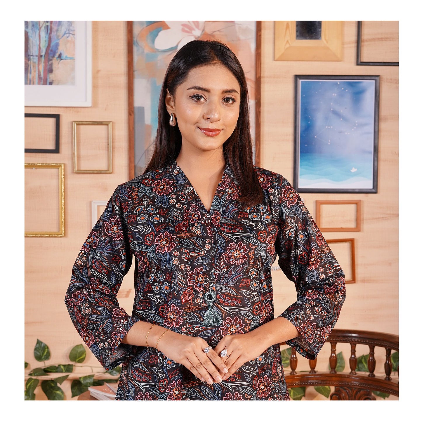 Basix Cambric Cotton Shirt With Black Palazzo Trouser, Black & Green, EW-108
