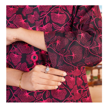 Basix Khaddar Black & Magenta Flora With Tassel, 2-Piece Set, EW-109