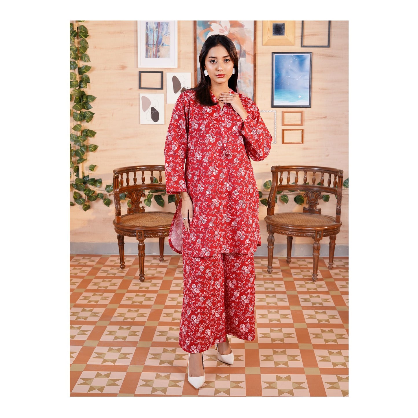 Basix Khaddar Wine Red & White Flora With Tassel, 2-Piece Set, EW-110