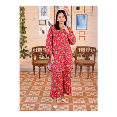 Basix Khaddar Wine Red & White Flora With Tassel, 2-Piece Set, EW-110