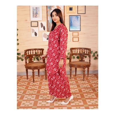 Basix Khaddar Wine Red & White Flora With Tassel, 2-Piece Set, EW-110