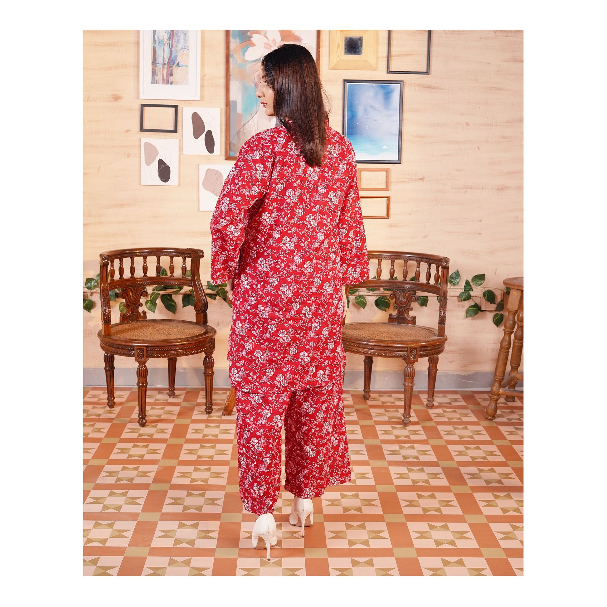 Basix Khaddar Wine Red & White Flora With Tassel, 2-Piece Set, EW-110