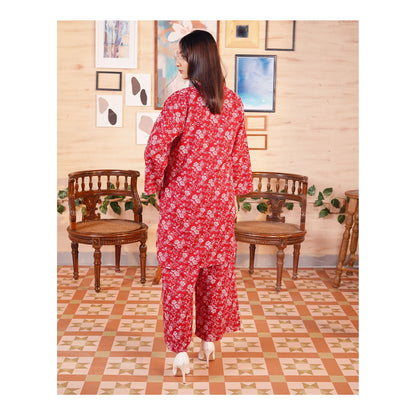 Basix Khaddar Wine Red & White Flora With Tassel, 2-Piece Set, EW-110