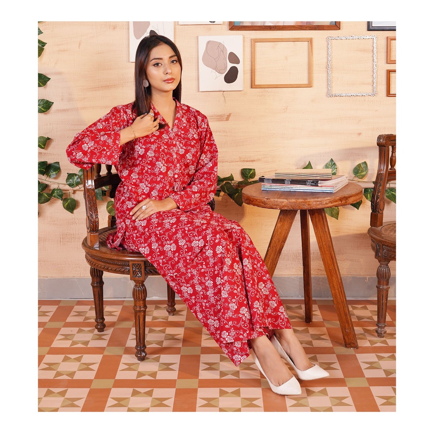 Basix Khaddar Wine Red & White Flora With Tassel, 2-Piece Set, EW-110