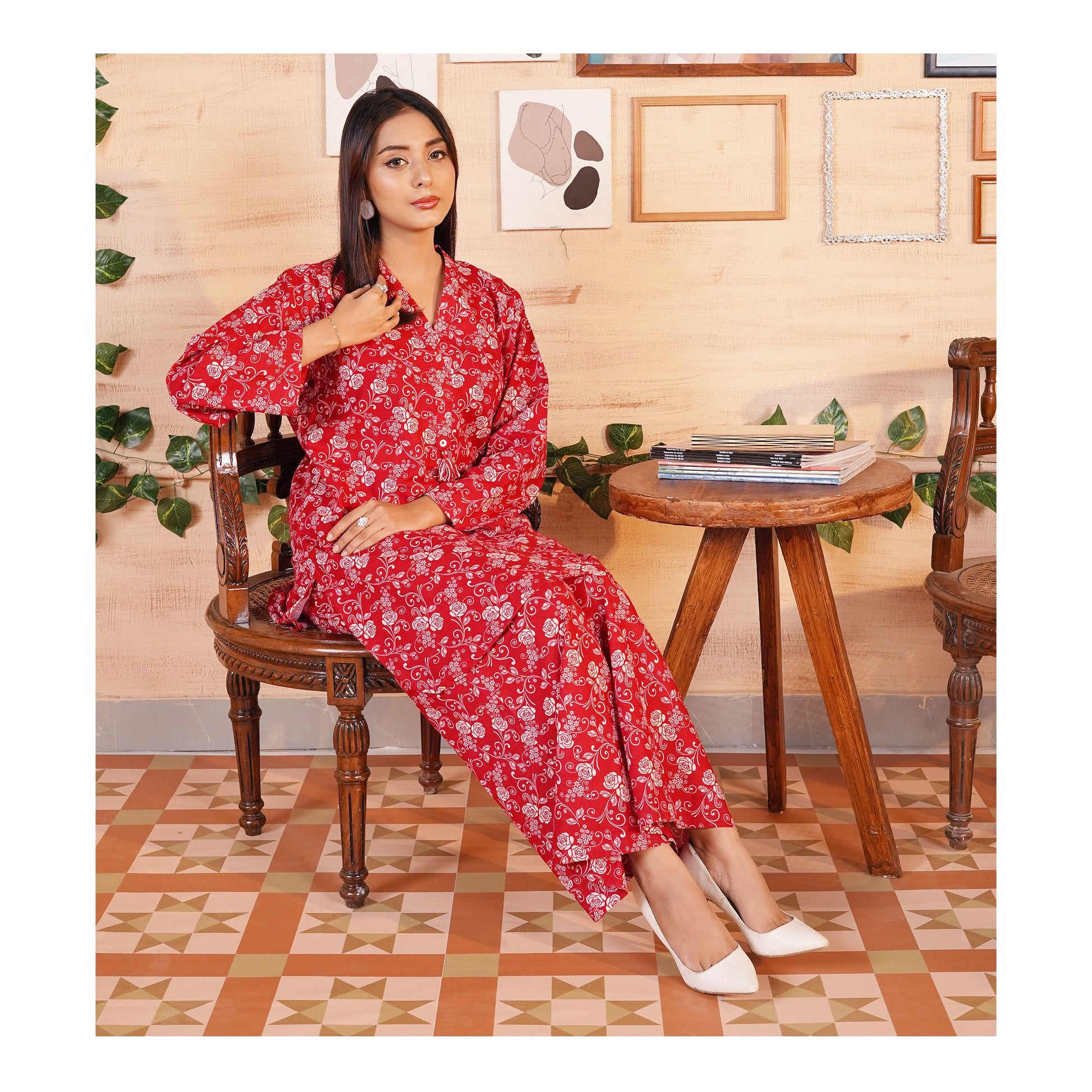 Basix Khaddar Wine Red & White Flora With Tassel, 2-Piece Set, EW-110