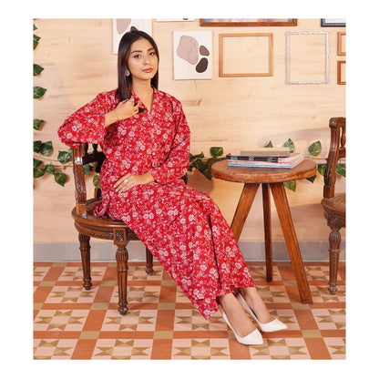 Basix Khaddar Wine Red & White Flora With Tassel, 2-Piece Set, EW-110