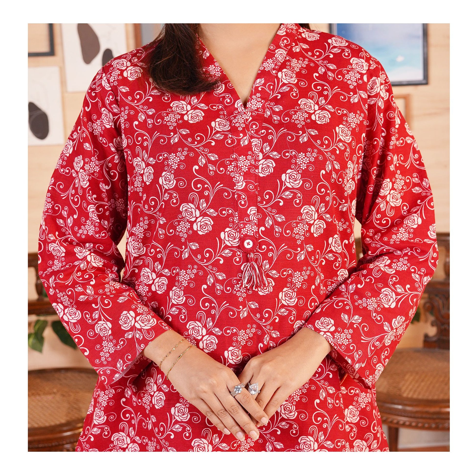 Basix Khaddar Wine Red & White Flora With Tassel, 2-Piece Set, EW-110