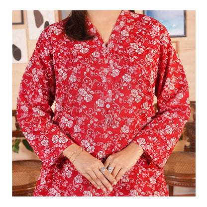 Basix Khaddar Wine Red & White Flora With Tassel, 2-Piece Set, EW-110