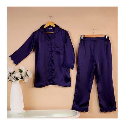 Basix Women's Loungewear Full Sleeves Shirt & Trouser With Lace, 2-Piece Set, Navy, SW-121