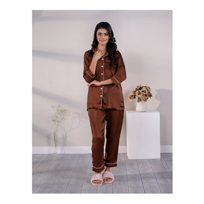 Basix Women's 3 Quarter Sleeves Loungewear 2-Piece Set, Silk, Dark Brown, SW-125
