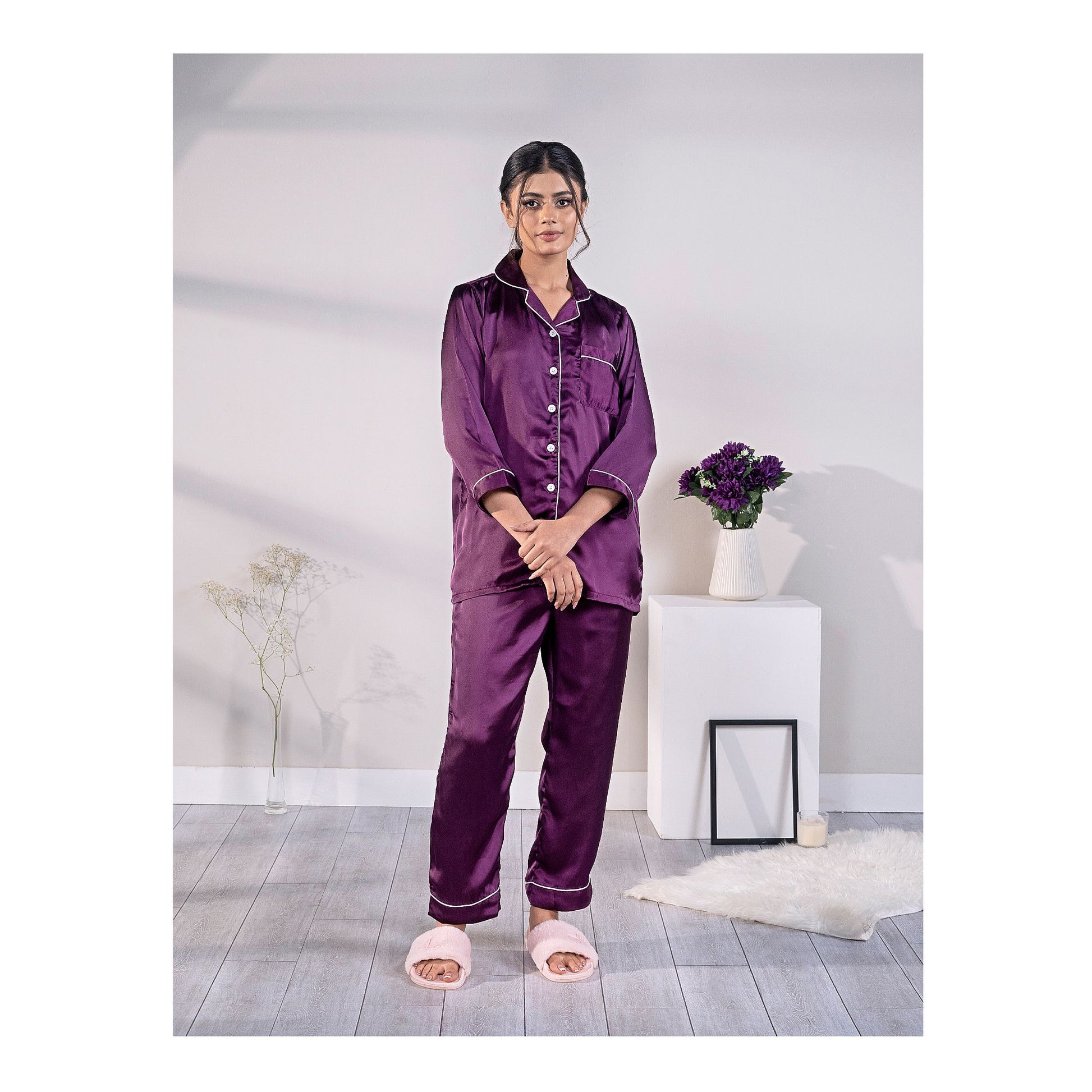 Basix Women's 3 Quarter Sleeves Loungewear 2-Piece Set, Silk, Purple, SW-126
