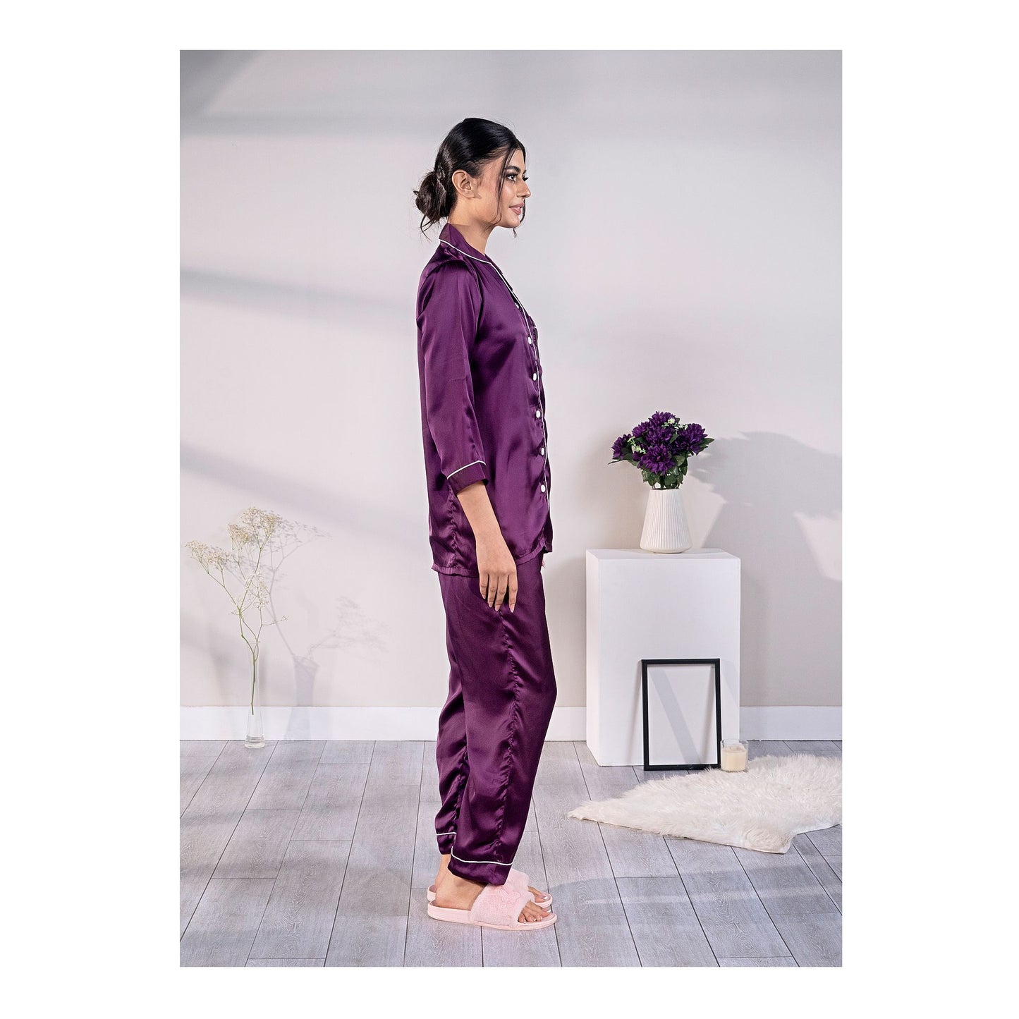 Basix Women's 3 Quarter Sleeves Loungewear 2-Piece Set, Silk, Purple, SW-126