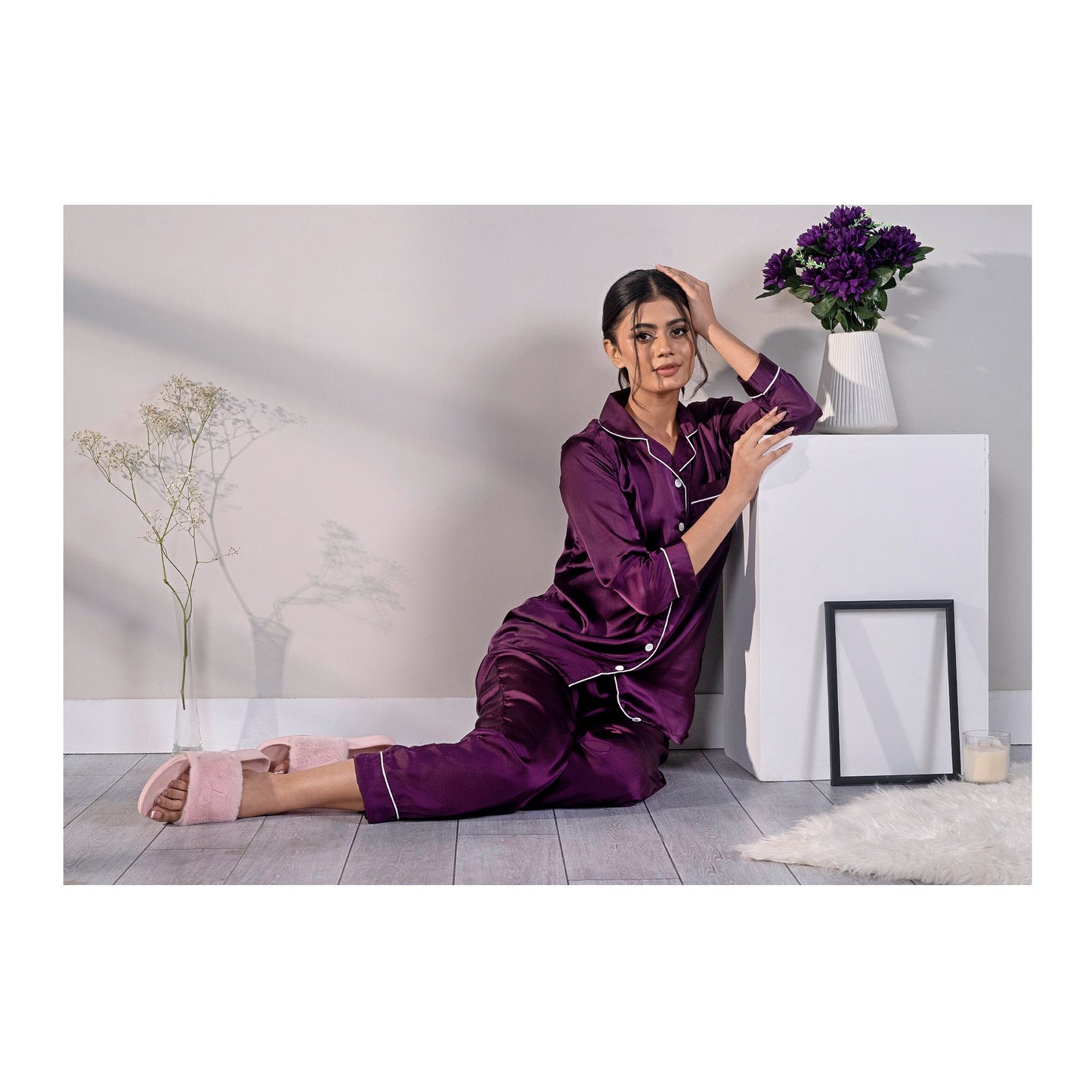Basix Women's 3 Quarter Sleeves Loungewear 2-Piece Set, Silk, Purple, SW-126