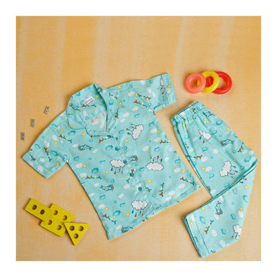 Basix Kids Short Sleeves Nightwear 2 Piece Set, Sea Green Mini Polka Dots & Clouds, GRL-186