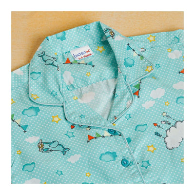Basix Kids Short Sleeves Nightwear 2 Piece Set, Sea Green Mini Polka Dots & Clouds, GRL-186