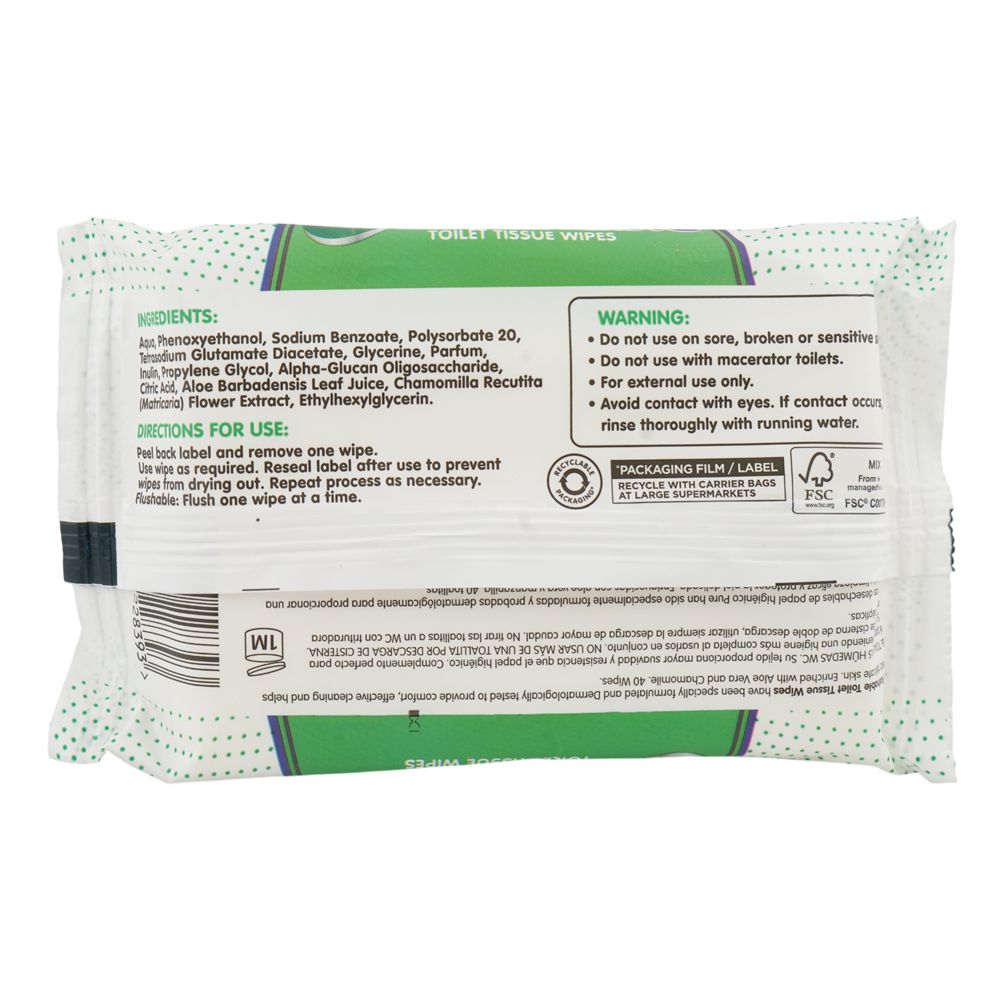 Pure Flushable Toilet  Tissue Wipes 40
