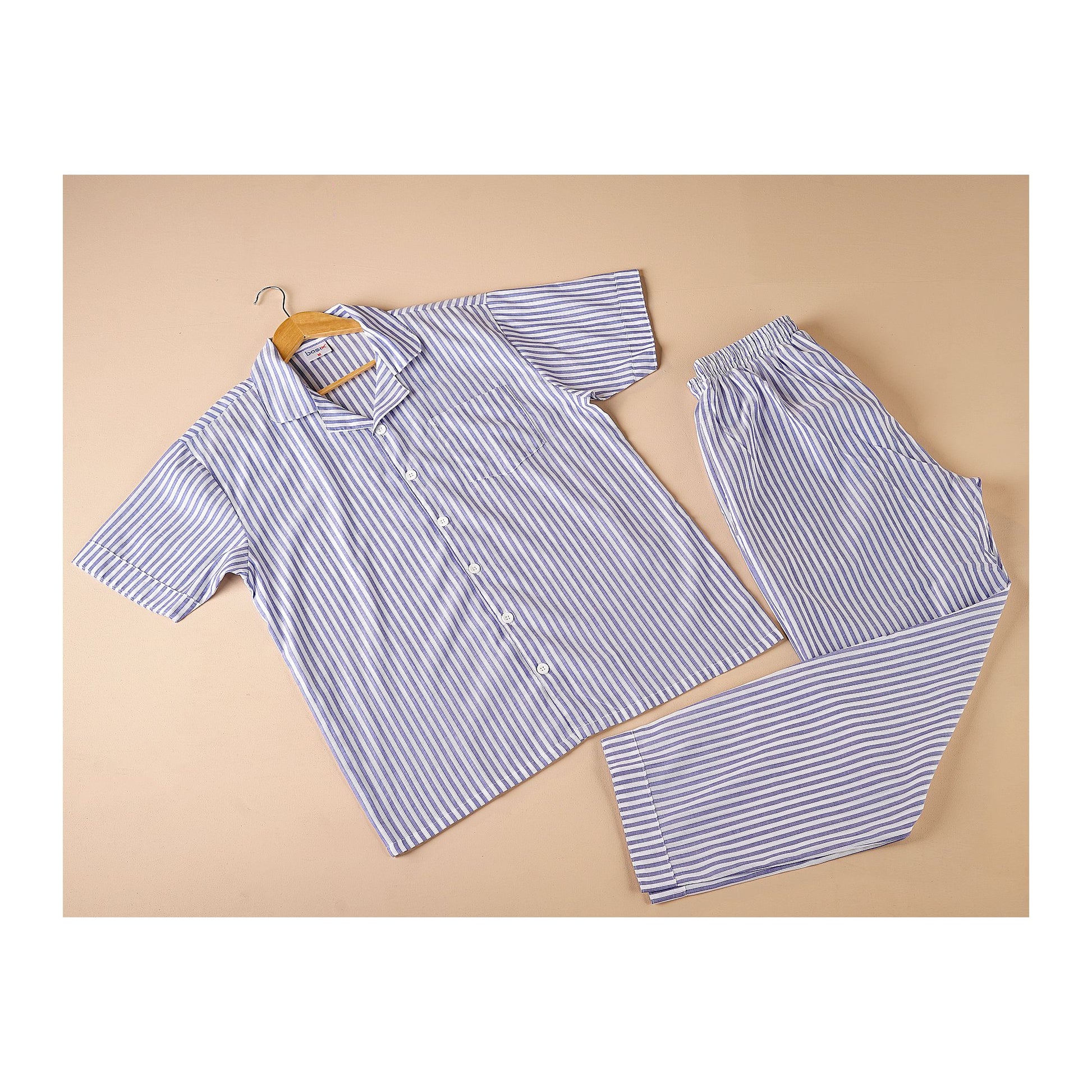 Basix Men's Stripes Short Sleeves Loungewear, 2 Piece Set, Blue & White, LW-834