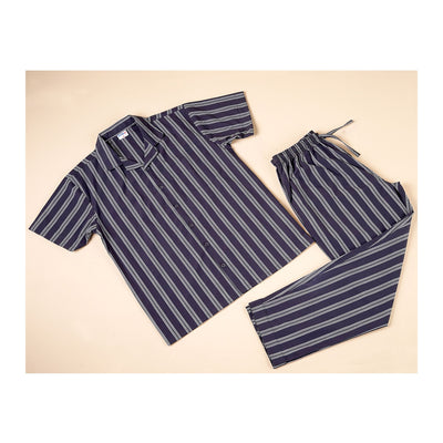 Basix Men's Stripes Short Sleeves Loungewear, 2 Piece Set, Mid-Night Blue & Steel Grey, LW-835