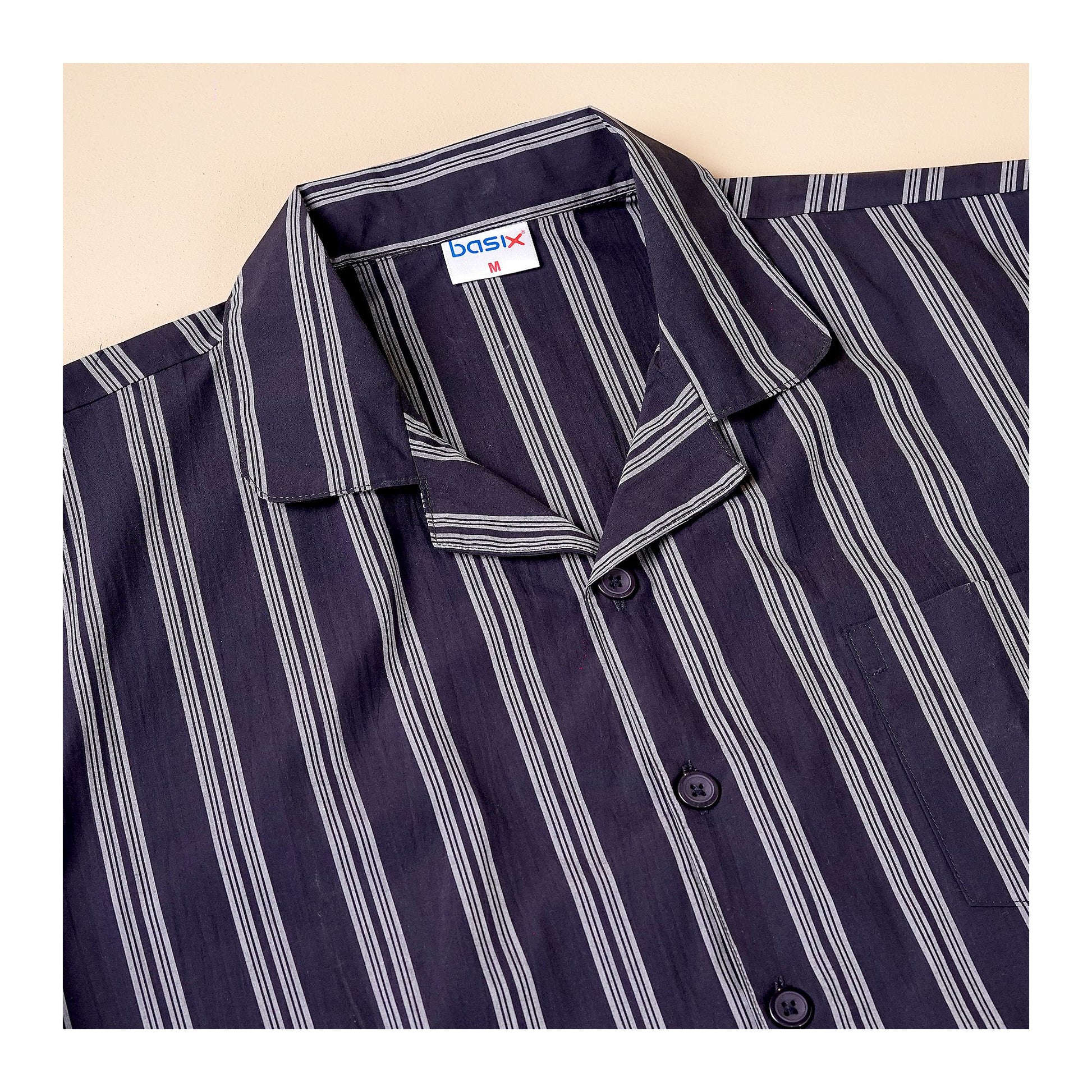 Basix Men's Stripes Short Sleeves Loungewear, 2 Piece Set, Mid-Night Blue & Steel Grey, LW-835