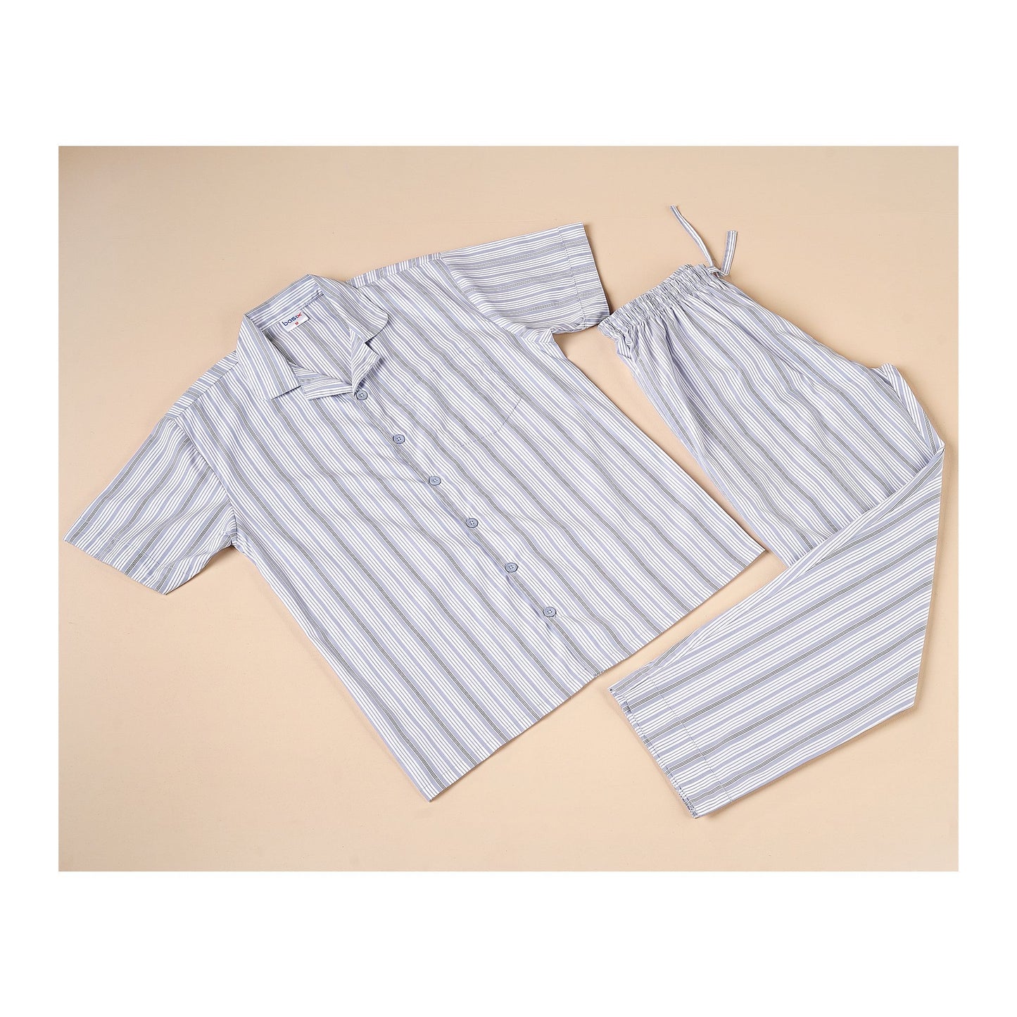 Basix Men's Stripes Short Sleeves Loungewear, 2 Piece Set, White & Steel Grey, LW-836