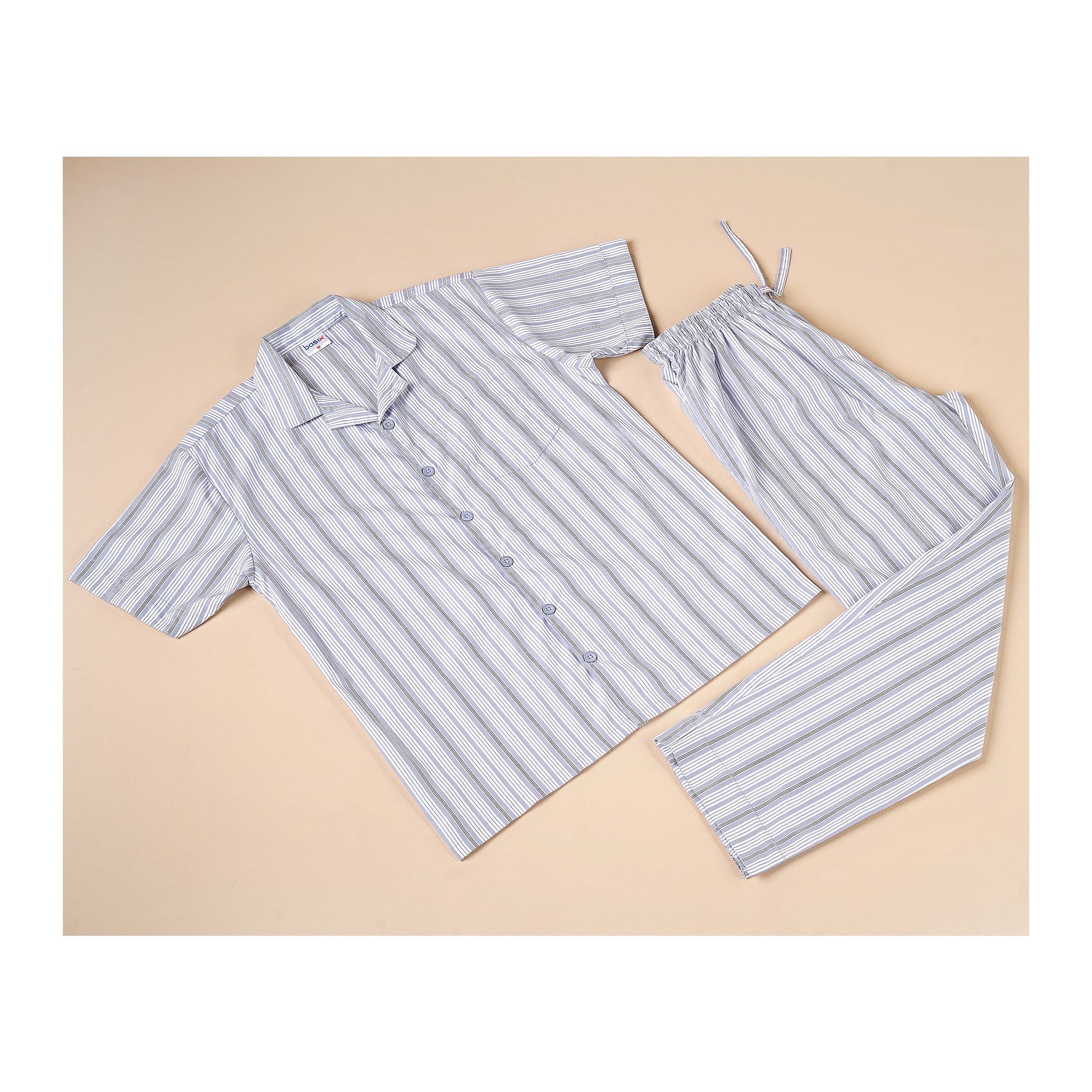 Basix Men's Stripes Short Sleeves Loungewear, 2 Piece Set, White & Steel Grey, LW-836