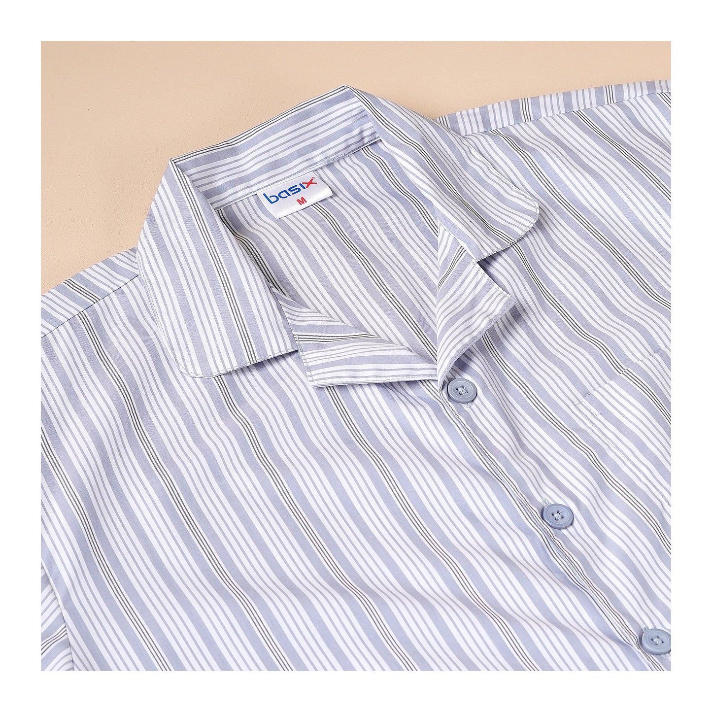 Basix Men's Stripes Short Sleeves Loungewear, 2 Piece Set, White & Steel Grey, LW-836