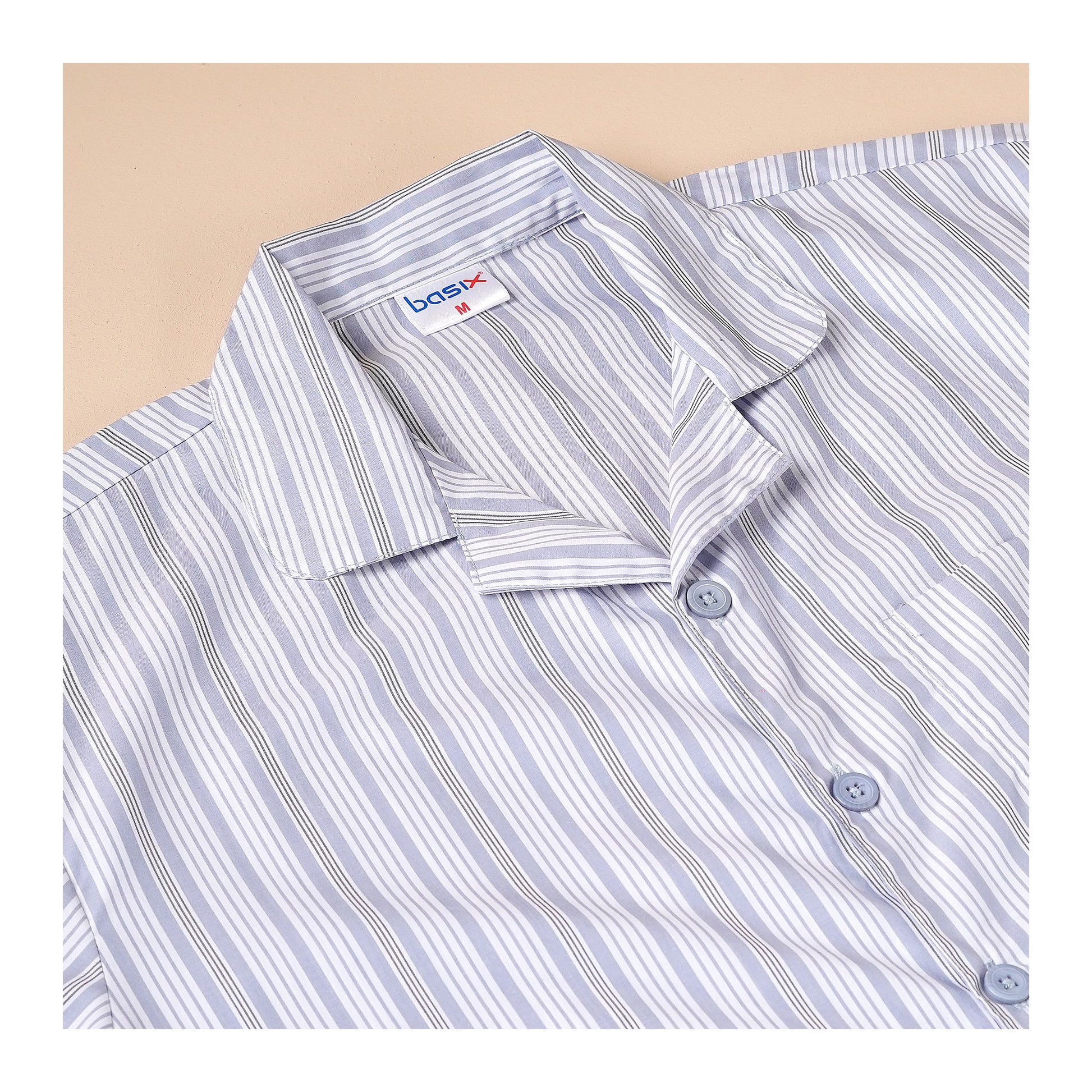 Basix Men's Stripes Short Sleeves Loungewear, 2 Piece Set, White & Steel Grey, LW-836