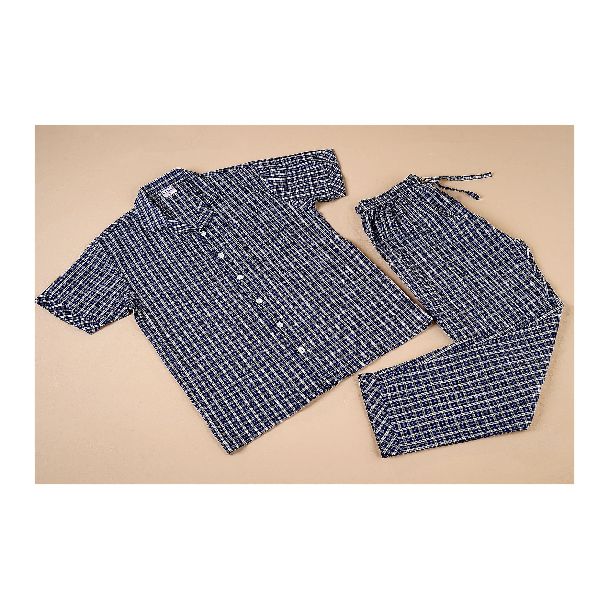 Basix Men's Checks Short Sleeves Loungewear, 2 Piece Set, Blue Black & White, LW-838