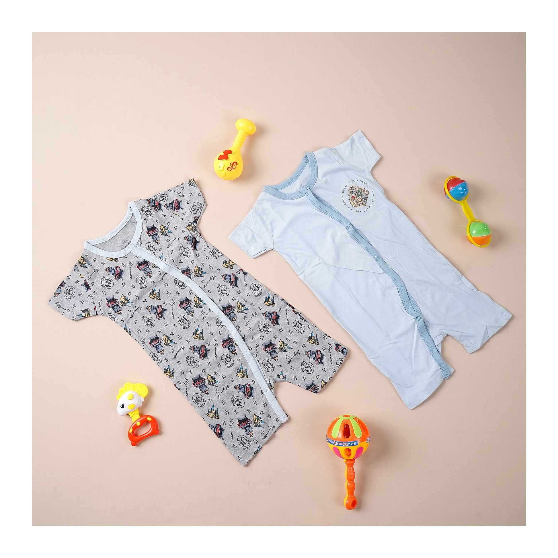 Basix Romper Pair Set, For New Born, Light Blue &amp; Grey, NB-11