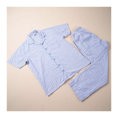 Basix Men's Stripes Short Sleeves Loungewear, 2 Piece Set, Matte Blue & White, LW-839